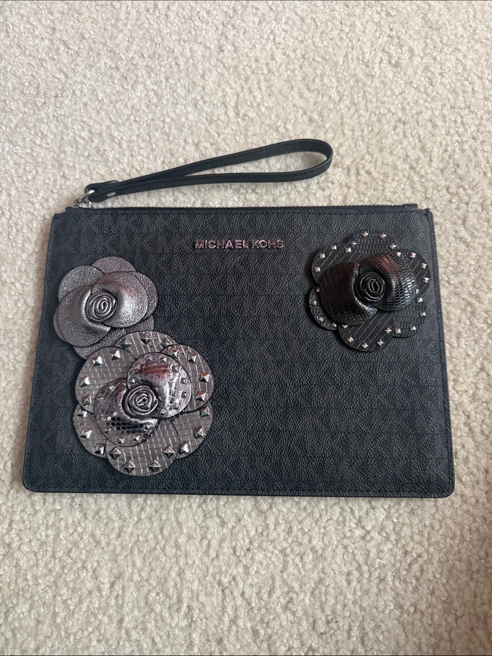 Michael Kors XL Black Floral Appliqué Wristlet Card Holder with Studs